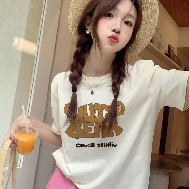 Print T-shirt Kaos Lengan Pendek Cartoon Bear Ears Atasan Wanita Oversize Korean Style