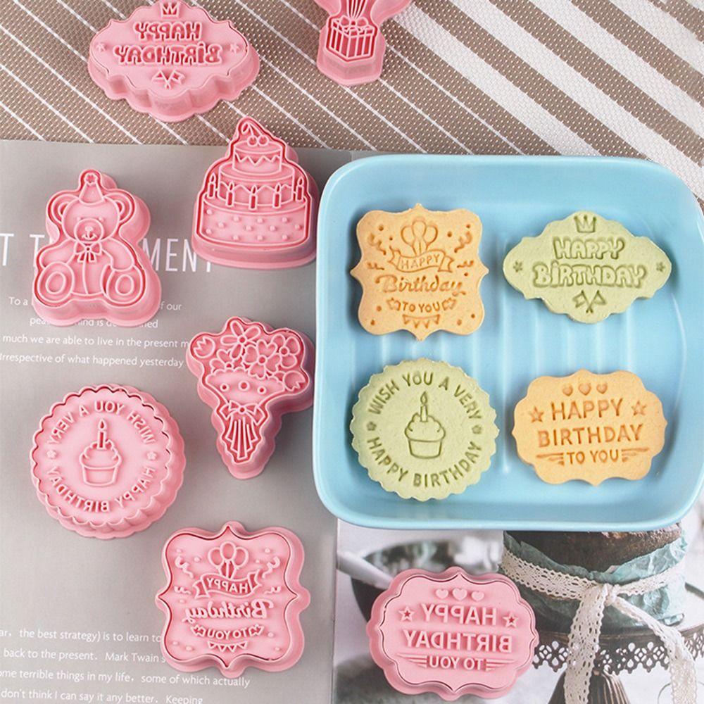 Top 8pcs/set 3D Happy Birthday DIY Alat Kue Cookie Cutter Cetakan Kue Plunger Kue Bunga