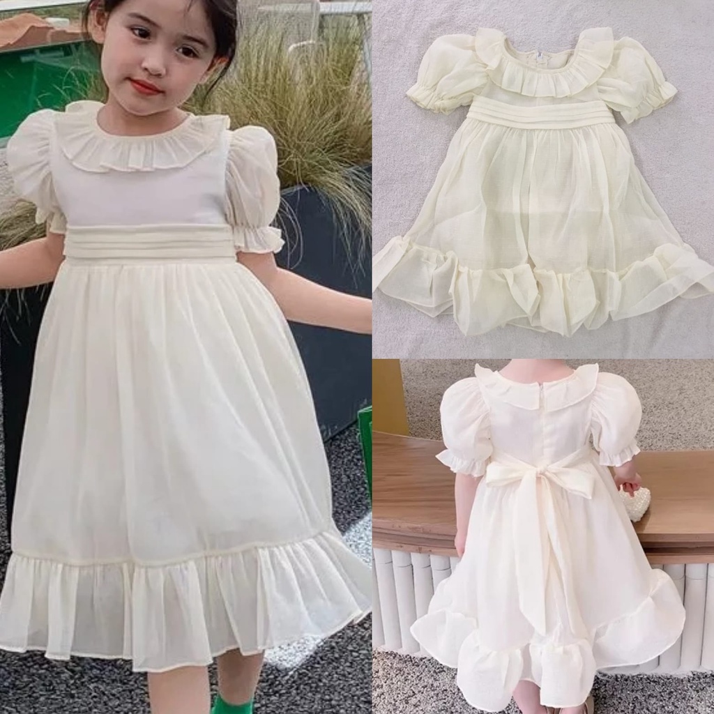 Dress putih anak impor 1-6th krem kerah ruffle gaun pesta lengan balon import gaya korea