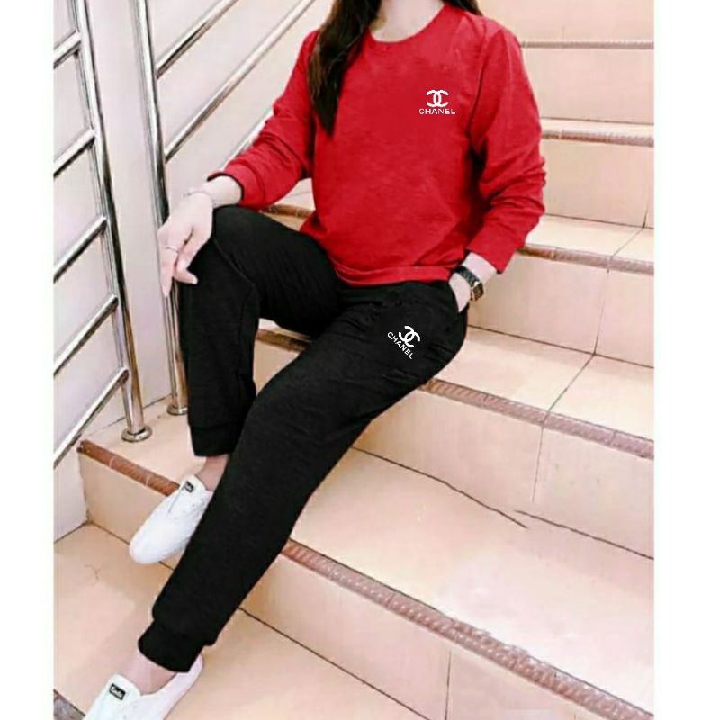 SETELAN Wanita Onet Set CHANNEL Lengan Panjang +Celana Jogger keren dan Trendy Kaos Distro keren Setelan Terkini wanita