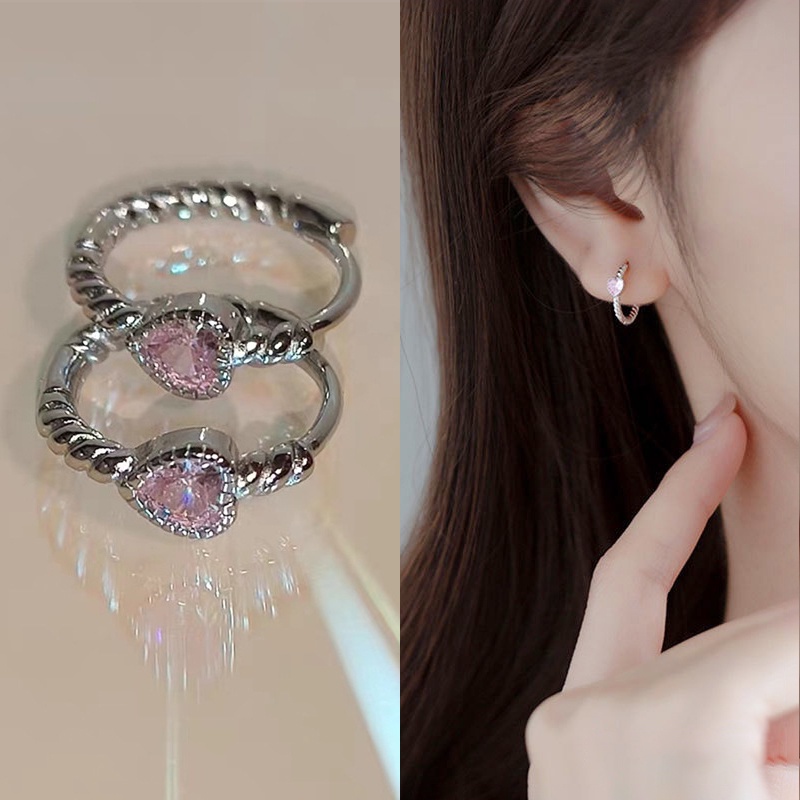 Anting Hoop Kristal Merah Muda Hati Sederhana Untuk Wanita Fashion Zirkon Twist Earring Aksesoris Perhiasan