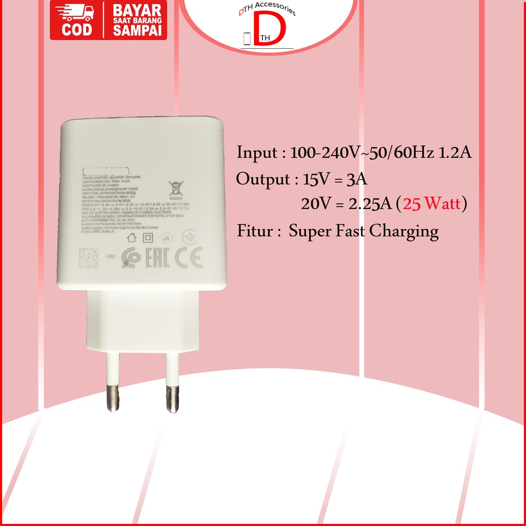 Charger Samsung Type C 45 watt Original Super Fast Charging S23 Ultra, S22 Ultra 5G, S22+ 5G, S20 Ultra 5G, Note 10+,  Note 10+ 5G