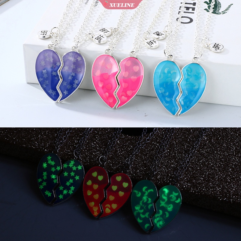 2 Pcs/set best friend Kalung glow-in-the-dark Payet Berbentuk Hati Jahitan Patah Liontin Rantai Kalung BFF Persahabatan Perhiasan Hadiah [ZXL]