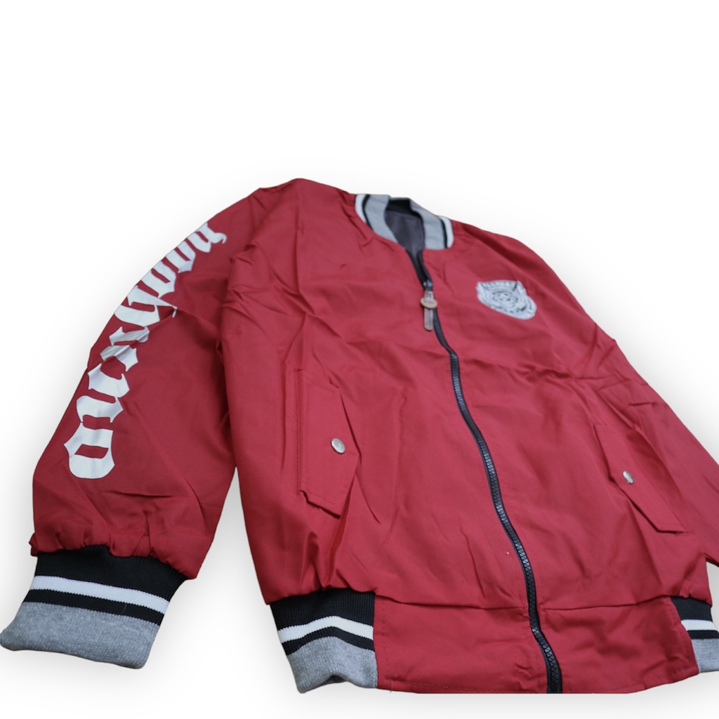 Jaket bomber parasut taslan bolak balik sablon varcity edision