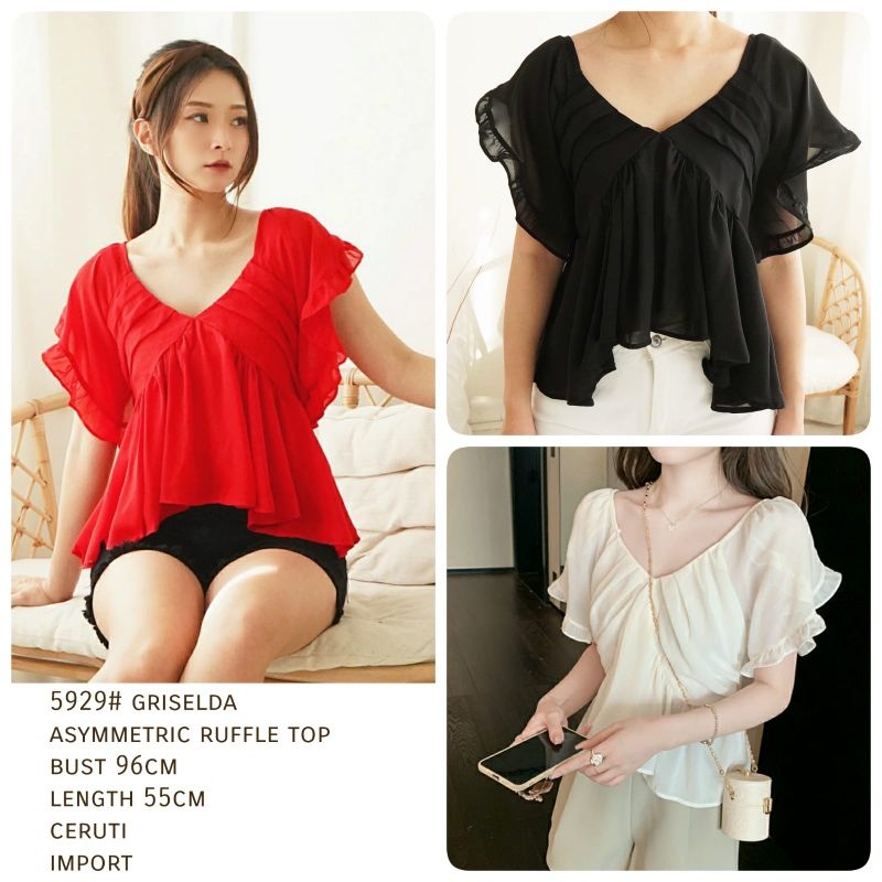 MDLV ~ 5929# Griselda Asymmetric Ruffle Top Blouse Import