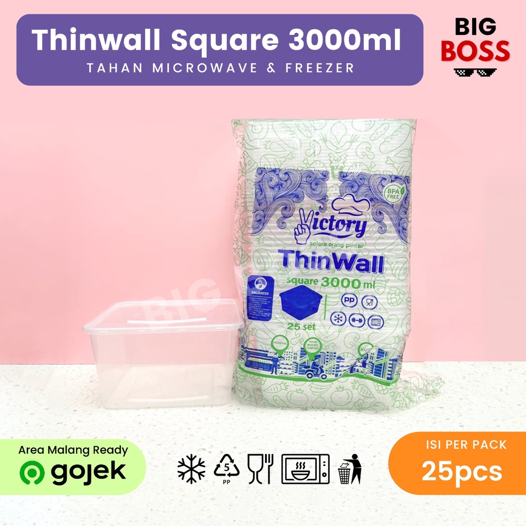 [ISI 25 PCS] Thinwall Square 3000ml / Kotak Makan Plastik Persegi / Food Container Food Grade PREMIUM