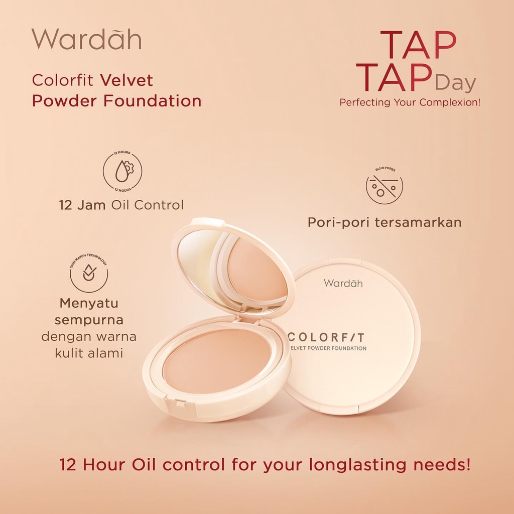 WARDAH Colorfit Velvet Powder Foundation Indonesia / Bedak Wajah 11g / SPF 20 PA++ Buildable Coverage Oil Control 12 Jam Soft Focus Anti Bacterial Transferproof / Ivory Beige Neutral Sand Link / Cosmetic Face Makeup Make Up Series / Cushion Contour Lip