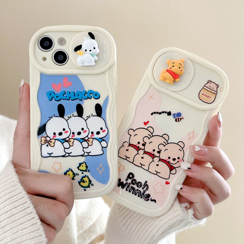 Lovely Pochacco &amp; Bear Doll Push The Window Cover Soft Case iP iPhone 11 12 13 14 Pro Max + Plus Wavy Casing Apple