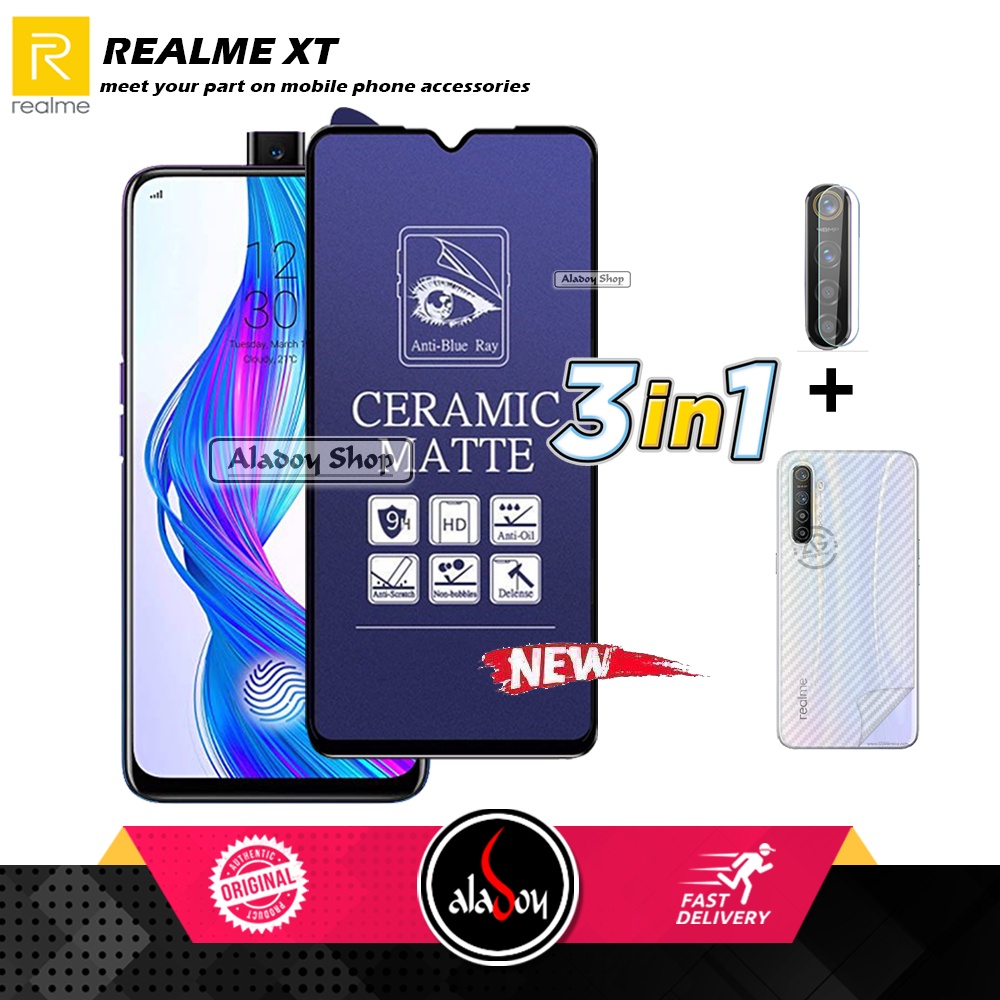 PAKET 3IN1 Anti Gores Blue Matte Anti Glare Realme XT + Tempered Glass Camera dan Skin Carbon