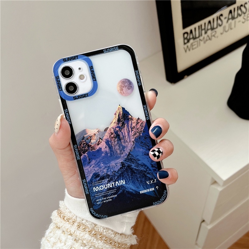 IPHONE Top Snow Mountain landscape Transparan Phone Case Untuk Iphone7 8 Plus SE2 13 12 11 14 Pro Max X XR XS Cases Mewah Bening Penutup Belakang