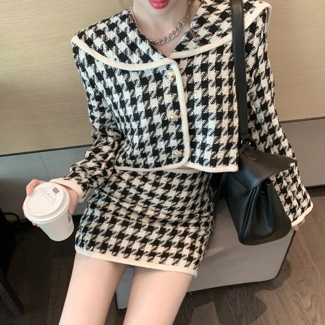 Suhao houndstooth mantel wol tas pinggang tinggi pinggul rok dua potong set wanita musim semi selebriti baru temperamen setelan dua potong