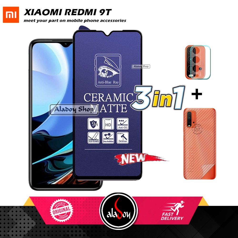 PAKET 3IN1 Anti Gores Blue Matte Anti Glare Xiaomi Redmi 9T + Tempered Glass Camera dan Skin Carbon