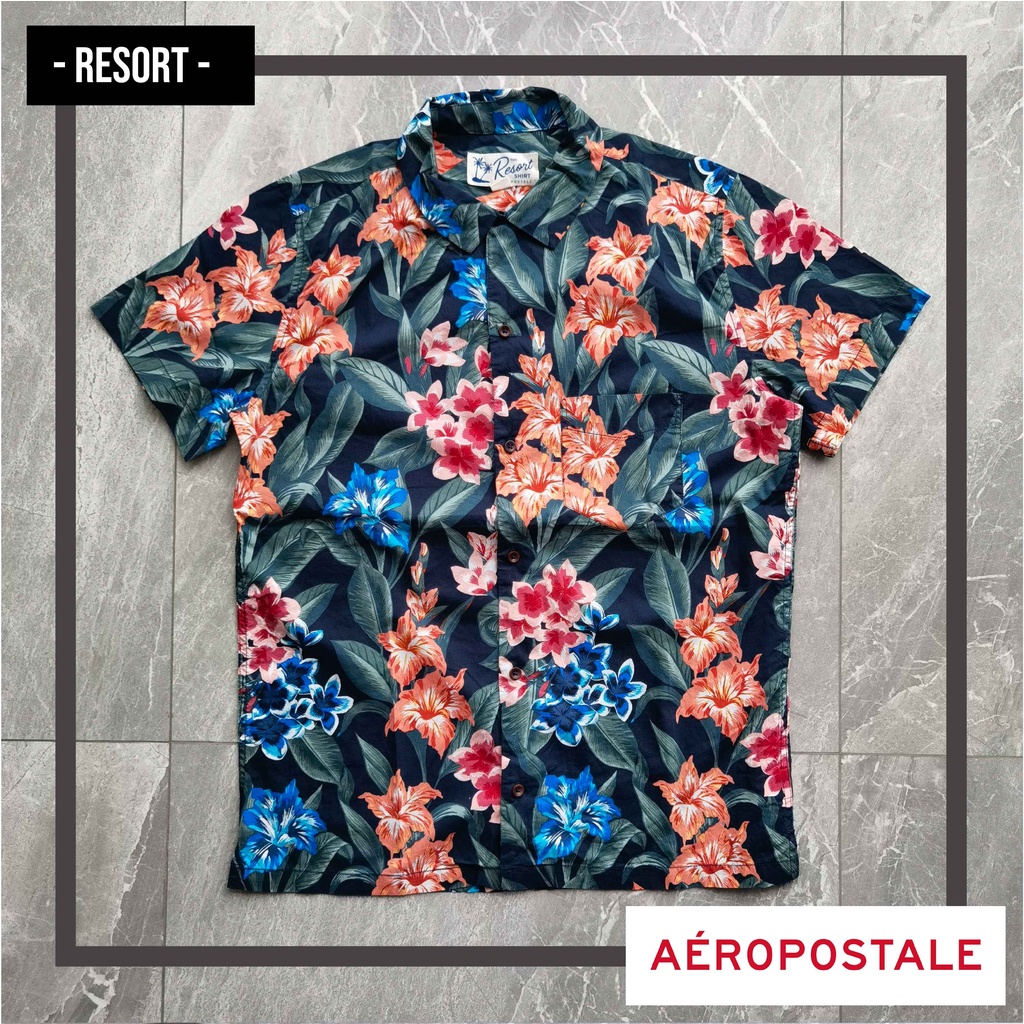 Kemeja Pria AEROPOSTALE Lengan Pendek  Bunga Hijau Resor t ORIGINAL