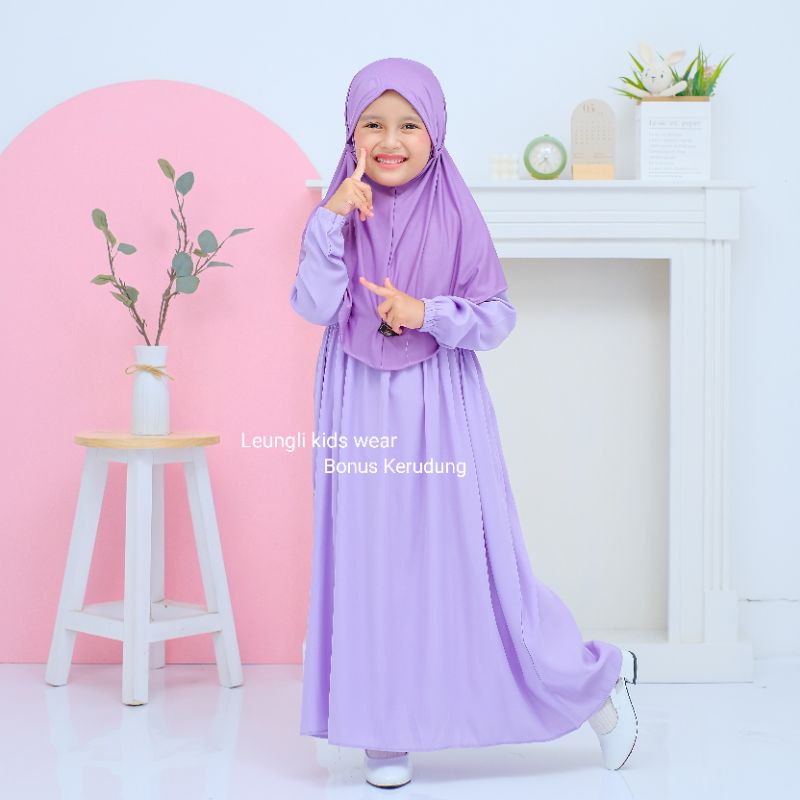 Umur 2 sd 12 Tahun Gamis Anak Perempuan set hijab Baju Muslim Anak perempuan warna ungu polos