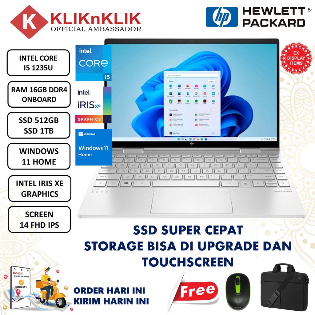 Laptop Murah Hp Pavilion X360 14 Intel Core I5 1235U 16GB 1TB SSD FHD IPS Touch Windows 11 Home Silver Exdisplay Terlaris