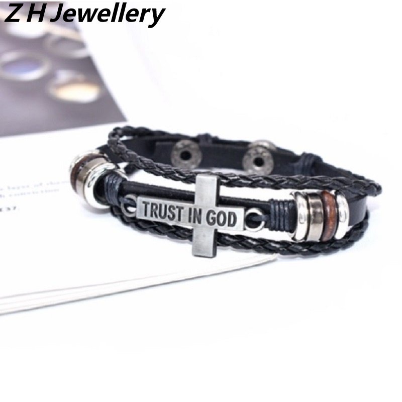 [Z H Perhiasan] Hip Hop Rock Retro Pria Fashion Salib Yesus Gelang Kulit/Aksesoris Perhiasan Pesta 18.5 Cm~21 cm