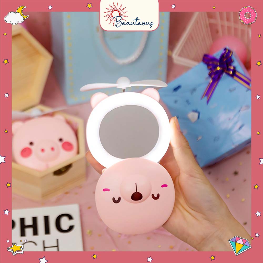 Kipas Angin Mini Kaca Make Up Portable Bentuk Karakter Lucu LED Mini Fan