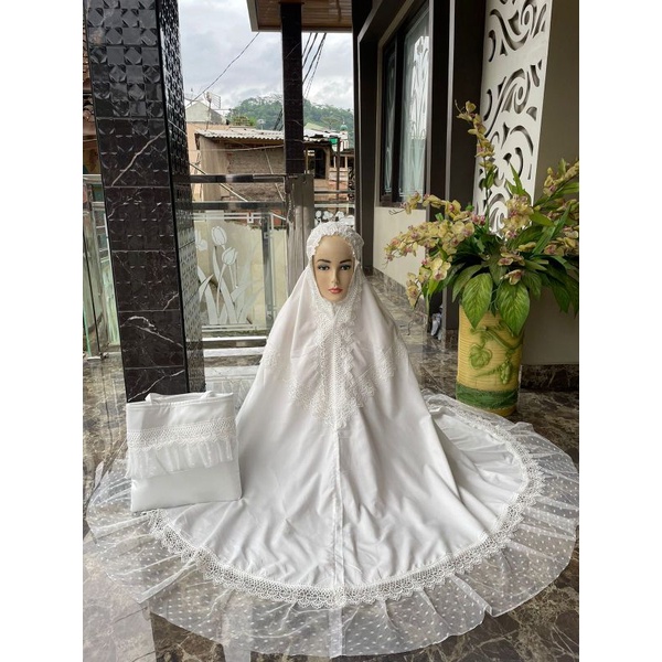 Mukena Mukenah Potongan Dewasa Bianka Putih Polos Renda