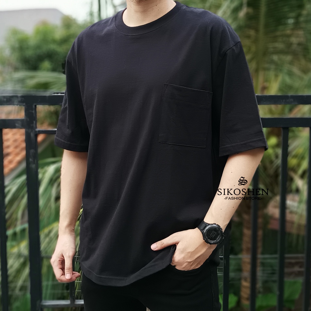 Kaos Oversize Hitam Polos Pria Bahan Tebal Saku Depan