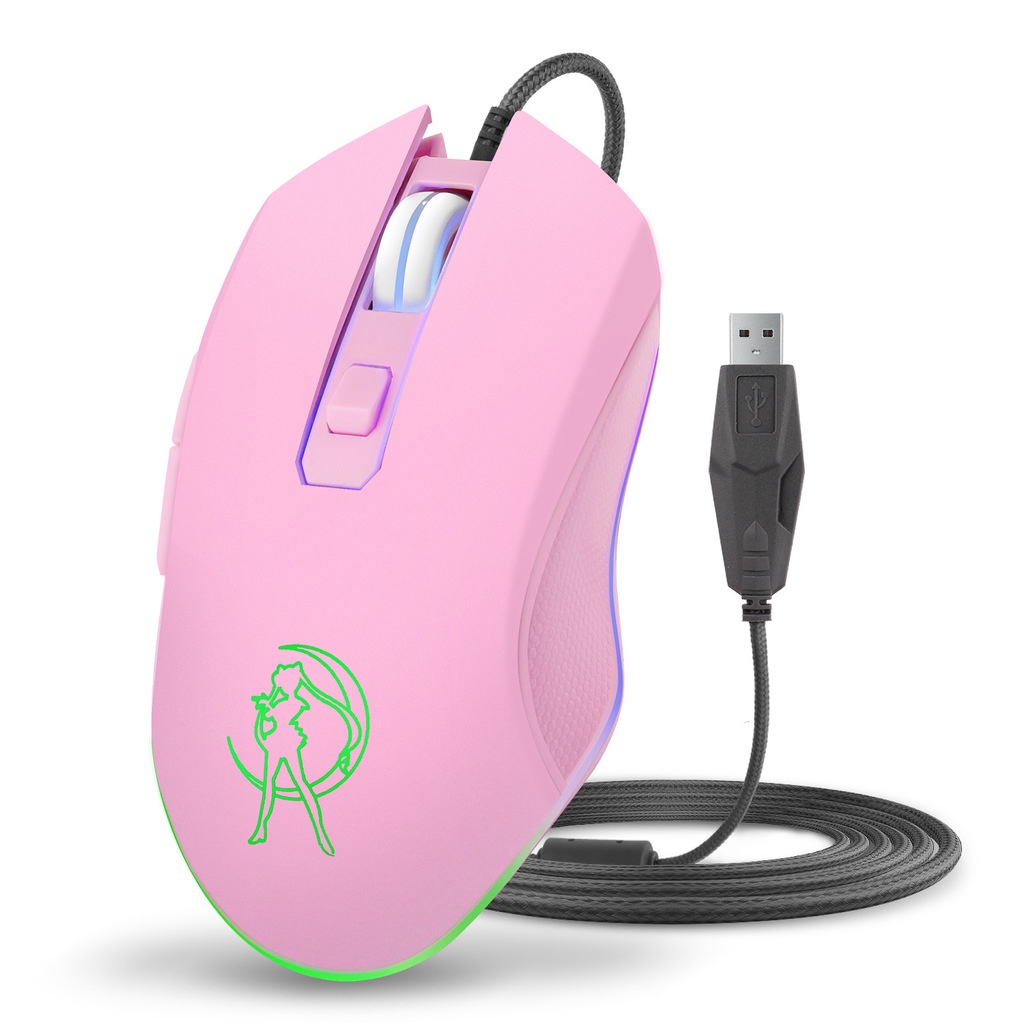 Pink Mouse Optik Sailor Yoon Gaming Komputer Wired Mouse Mute Pretty Backlit Colorful Mice DPI Adjustable 1200-1600-2400-3200 Untuk Hadiah Gadis PC Game