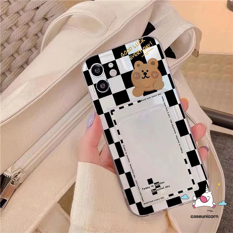 Realme C35 C31 C30 C21Y 5 6i 5i 5s 10 Pro 5G C3 C11 C25 C12 9i C25s C25Y C20 C20A Kartun Lucu Beruang Checkerboard Anti Jatuh Holder Kartu Transparan Lembut Tpu Dompet Slot Case