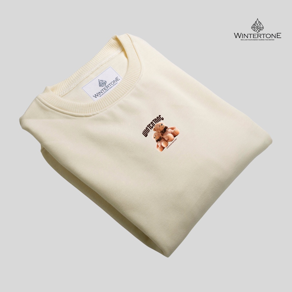 Sweater Crewneck Bear Series Cream Pria Suiter Crweneck Oversize WINTERTONE Oblong Motif Sablon Lengan Panjang Bigsize Bahan Fleece Tebal WNTRN