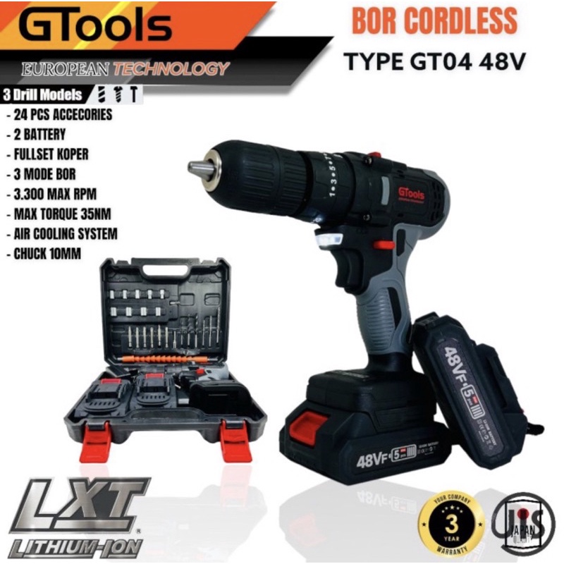 Bor cordless Gtools GT04 impact drill brushless 48v bor batrei 3fungsi sekrup drilling palu 2batrei bonus jam tangan