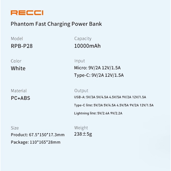 RECCI RPB-P28 PHANTOM 10000mAh Powerbank - 2 Built-in Cables - PD20W