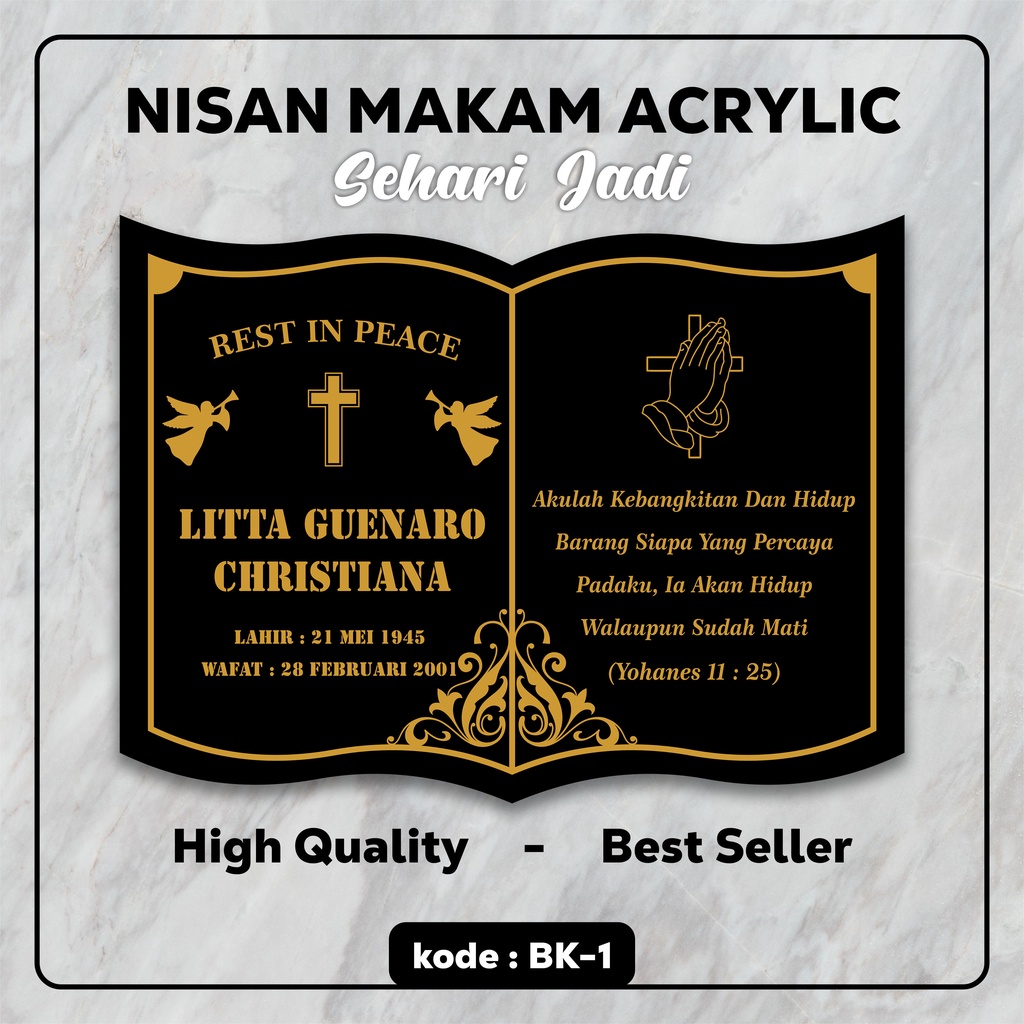 (SEHARI JADI) NAMA NISAN KRISTEN MODEL BUKU BAHAN AKRILIK CUSTOM | BATU NISAN PRASASTI MAKAM UKIR LA