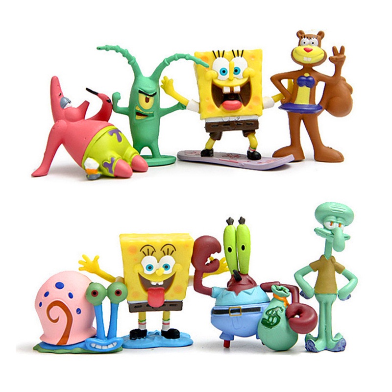 Kawaii Spongebob Kartun Figure Gantungan Kunci Boneka Pie Bintang Kepiting Bos Siput Figure Model Koleksi Mainan Pvc 8pcs/set