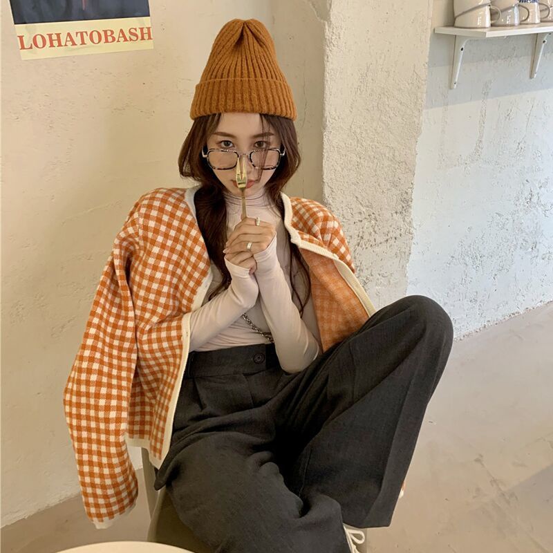 Suhao Cardigan Jaket Wanita Rajutan One-Piece Suit Versi Korea Longgar Retro Kotak-kotak Oranye Malas Angin Sweter Lengan Panjang atasan