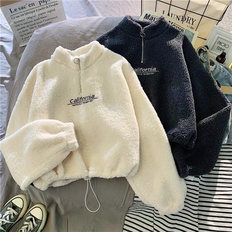 JAKET BULU _CALIfornia collar crope oversize bordir-Hitam
