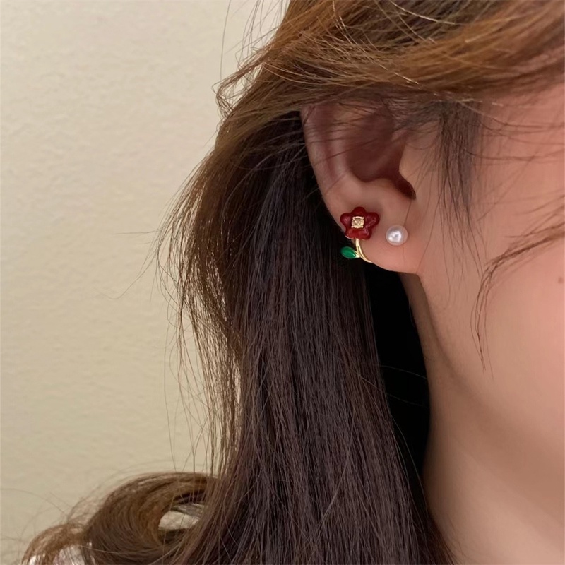 Desain Niche Geometris Korea Desain Ceruk Bunga Mutiara Merah Anting Gaya Baru