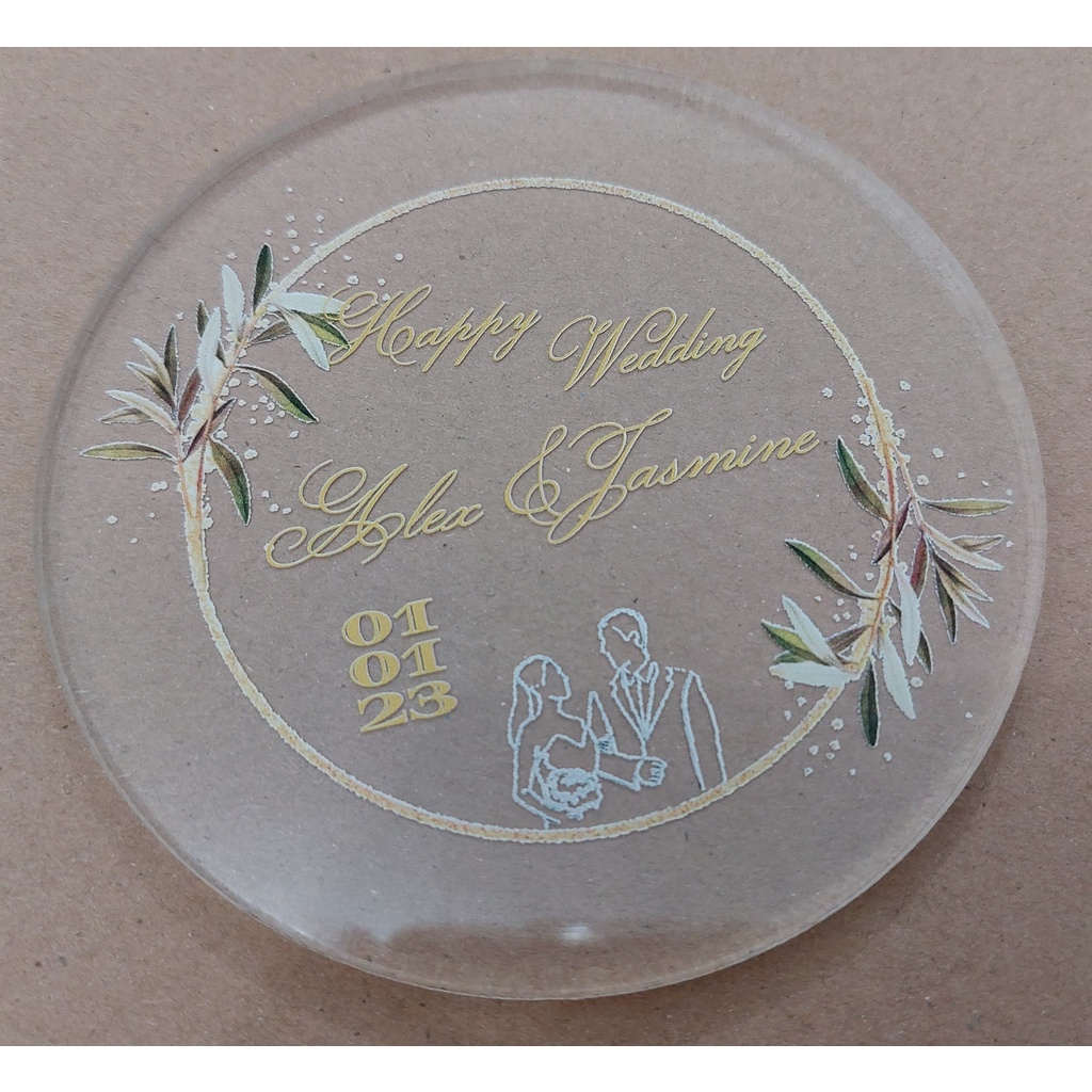 COASTER TATAKAN GELAS BAHAN AKRILIK CUSTOM UNIK UNTUK SOUVENIR, GIFT / HADIAH WEDDING, ULTAH, ANNIVERSARY, NATAL, IMLEK, NEW YEAR, IDUL FITRI, ENGAGEMENT