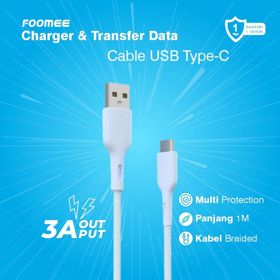 Kabel Data Type C FOOMEE FD101-C Kabel Type C Fast Charging 3A 100CM