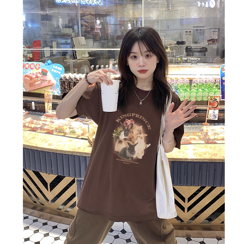 atasan wanita lengan pendek american retro oversize letter rabbit graphic print T-shirt kekinian kaos cream