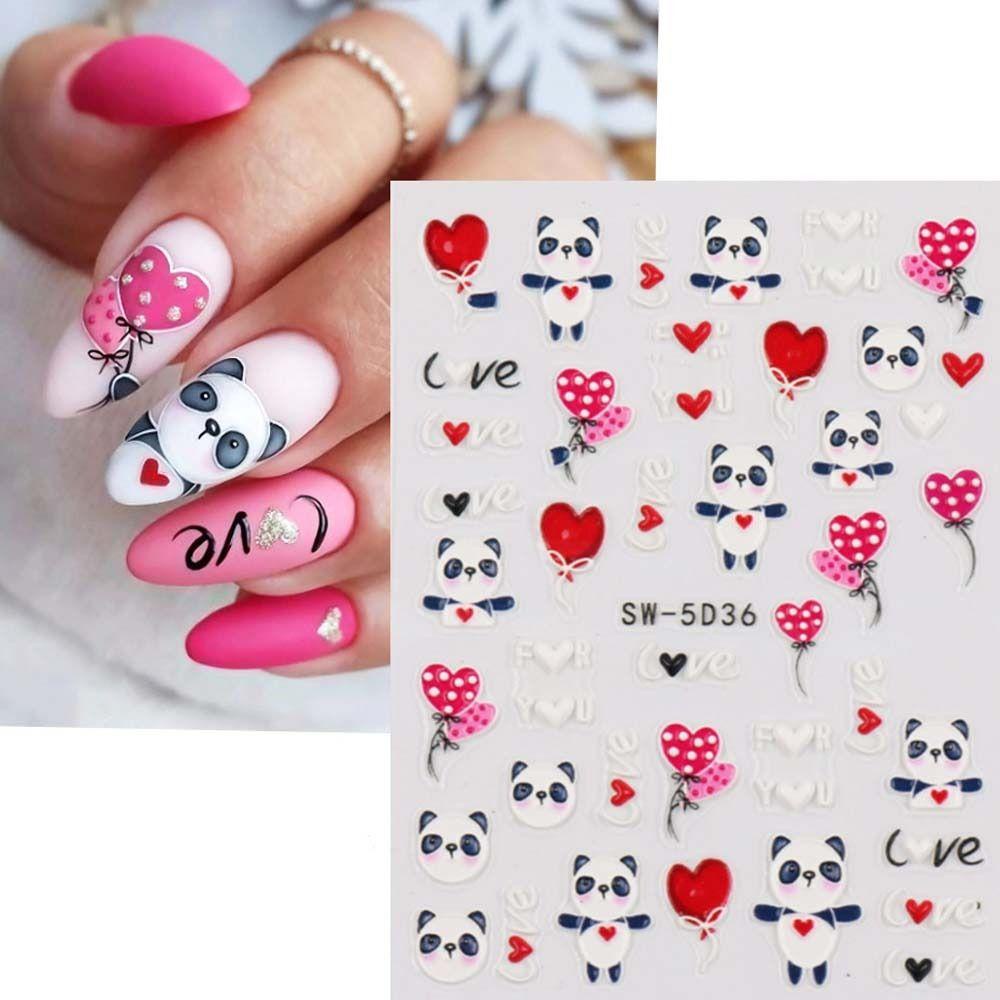 AUGUSTINA Agustina Kartun Stiker Kuku 5D Relief Lucu Valentine Day Nail Art Kelinci Manicure Aksesoris Panda Nail Art Dekorasi