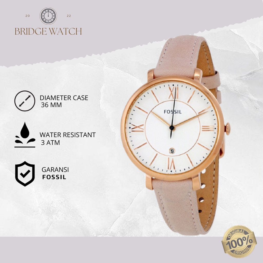 Jam Tangan Wanita Fossil Jacqueline Original ES3988 Analog Date Luggage Pink Leather Strap Kulit Cew