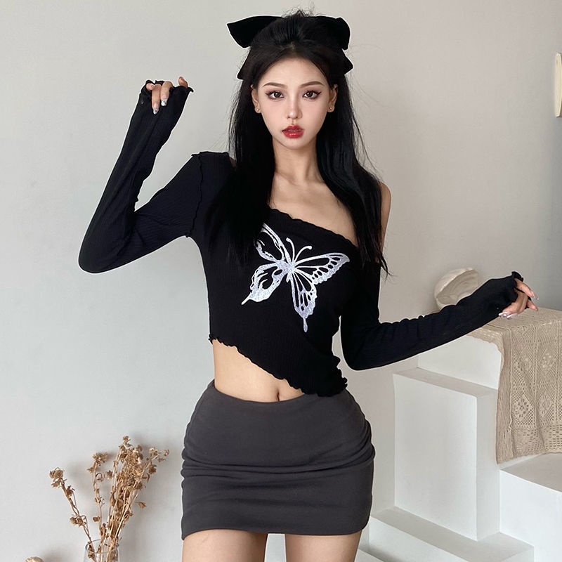 ☂☞Suhao Sisjune Keinginan Murni Lembut Waxy Kupu-kupu Cetak Off Bahu Kerah Miring Kaos Lengan Panjang Wanita Niche All-Match short Top