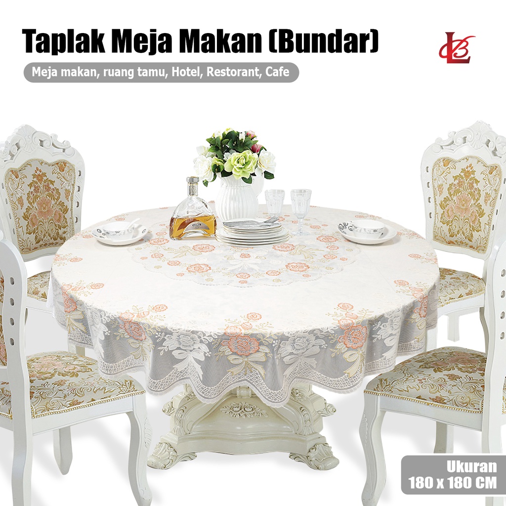 Taplak Meja Bulat Ukuran Diameter 180CM Anti Air Alas Bahan PVC / Taplak Alas Meja Makan Bundar Diameter 180CM  Ruang Tamu Anti Air ± 180cm / Taplak Meja Makan Bulet / Round Lace Renda 6-8 Kursi Anti Air Motif Termurah D45-C (88 BLANKET STORE)