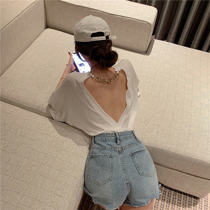 ►✸☇Suhao Hong Kong gaya hati-hati mesin backless sexy hot girl top trendi musim panas longgar slimming all-match lengan pendek keinginan murni T-shirt wanita in