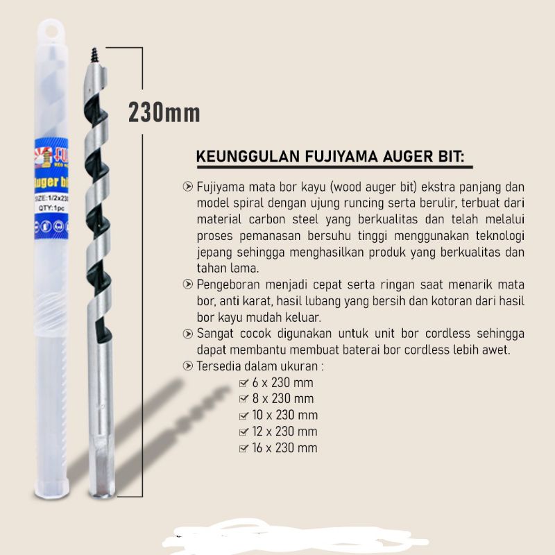 Fujiyama Mata Bor kayu Spiral / Mata Bor auger bits Berkualitas