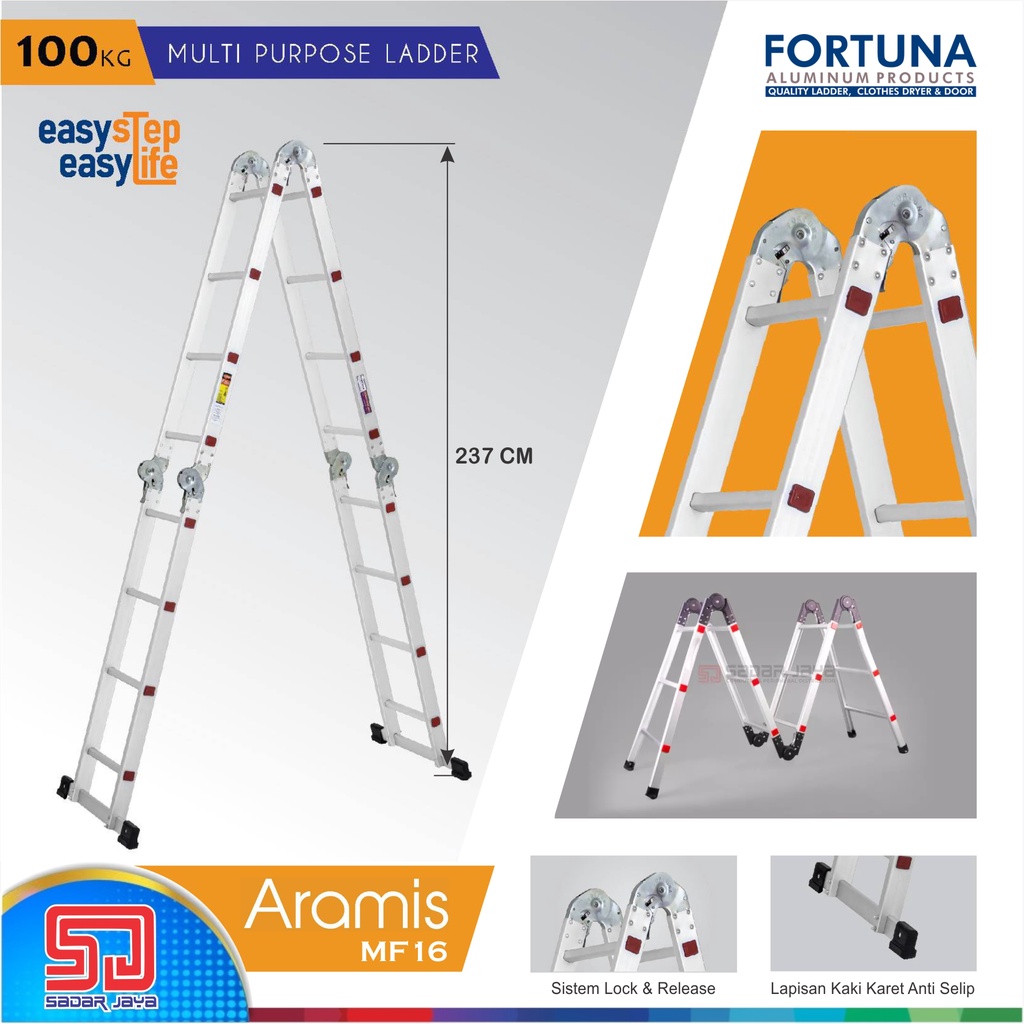 Fortuna Aramis MF16 Tangga Lipat Multiguna Aluminium Tinggi 237cm Bentang 4.8meter MF 16