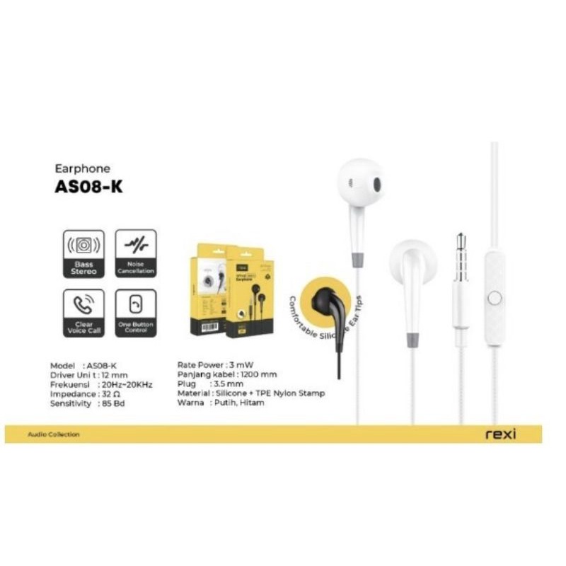 Handsfree Headset HF Earbuds REXI AS08-K + Mic Black