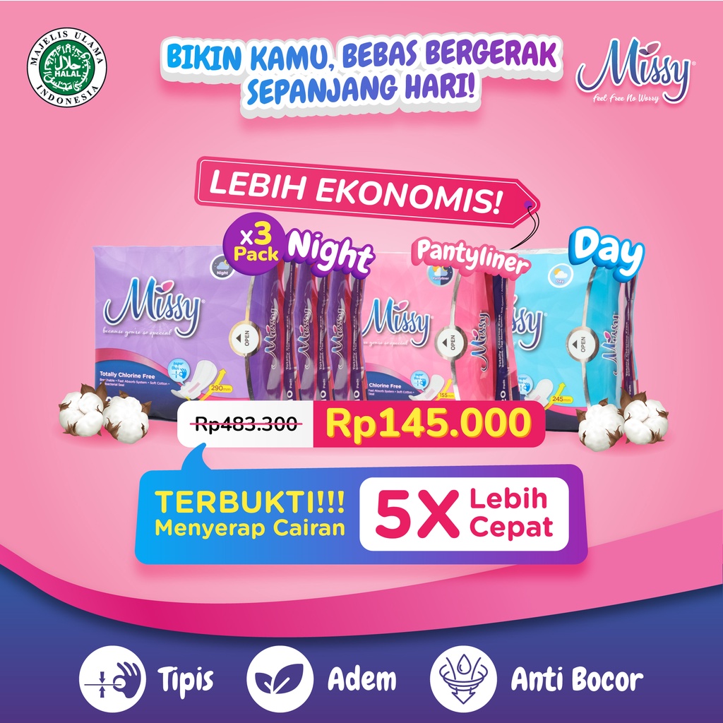 Paket Hemat Pembalut MISSY (3 NIGHT, PANTYLINER, DAY) | Pembalut dan Pantyliner HERBAL Kesehatan  Wanita | Non Wings dan Wings | Perawatan Miss V Menstrual Pad Menstruasi | Anti Bacterial Jamur Virus | Anti Bocor