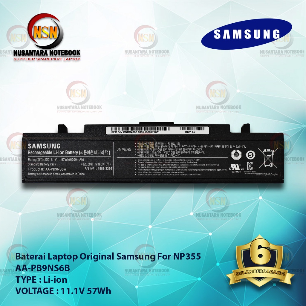 Baterai Laptop Original Samsung NP355/AA-PB9NS6B for Laptop Samsung NP355 11.1V 58Wh