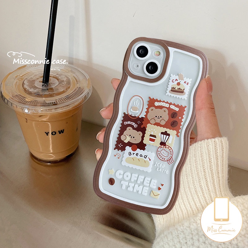 IPHONE Case Kompatibel Untuk Iphone7 8 6 6s Plus 11 12 13 14 Pro MAX XR 14 Plus X XS MAX SE 2020kartun Lucu Retro Vintage Coffee Bear Wavy Edge Shockproof Soft TPU Back Cover