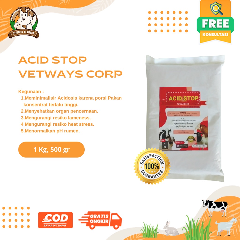 ACID STOP 1KG - PREMIX ANTI ACIDOSIS + PEMACU PRODUKSI SUSU - untuk mencegah kaki pincang sapi kambing domba akibat acidosis dan Memacu Produksi Susu Induk