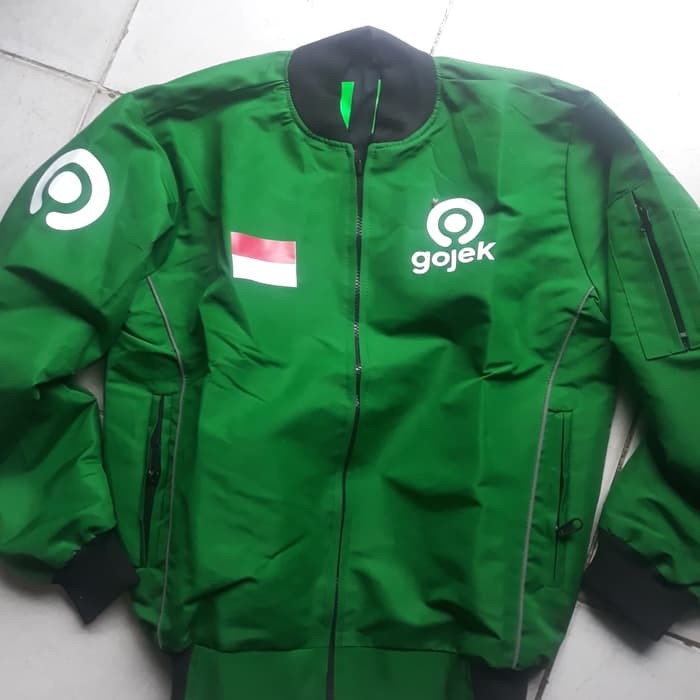 ⭐BISA COD⭐ jaket bomber ojol hijau tua gojek 1 sisi logo baru murah meriah - M, hijau tua