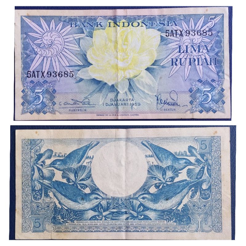 Uang Kuno Indonesia Series Bunga 5 Rupiah tahun 1959 XF bagus utuh Original 100%